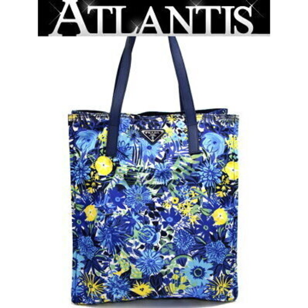 Prada Triangle Logo Tote Bag Floral Flower Leather Blue
